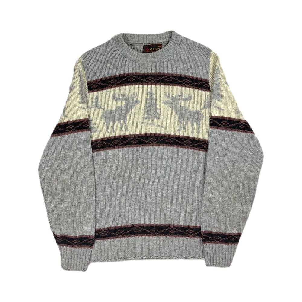 Vtg Y2K Alps wool blend grey moose graphic distressed knit sweater men's medium